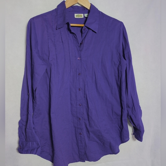 Collections Etc Sz L Pleated Purple Button-Up Shirt - Picture 2 of 6